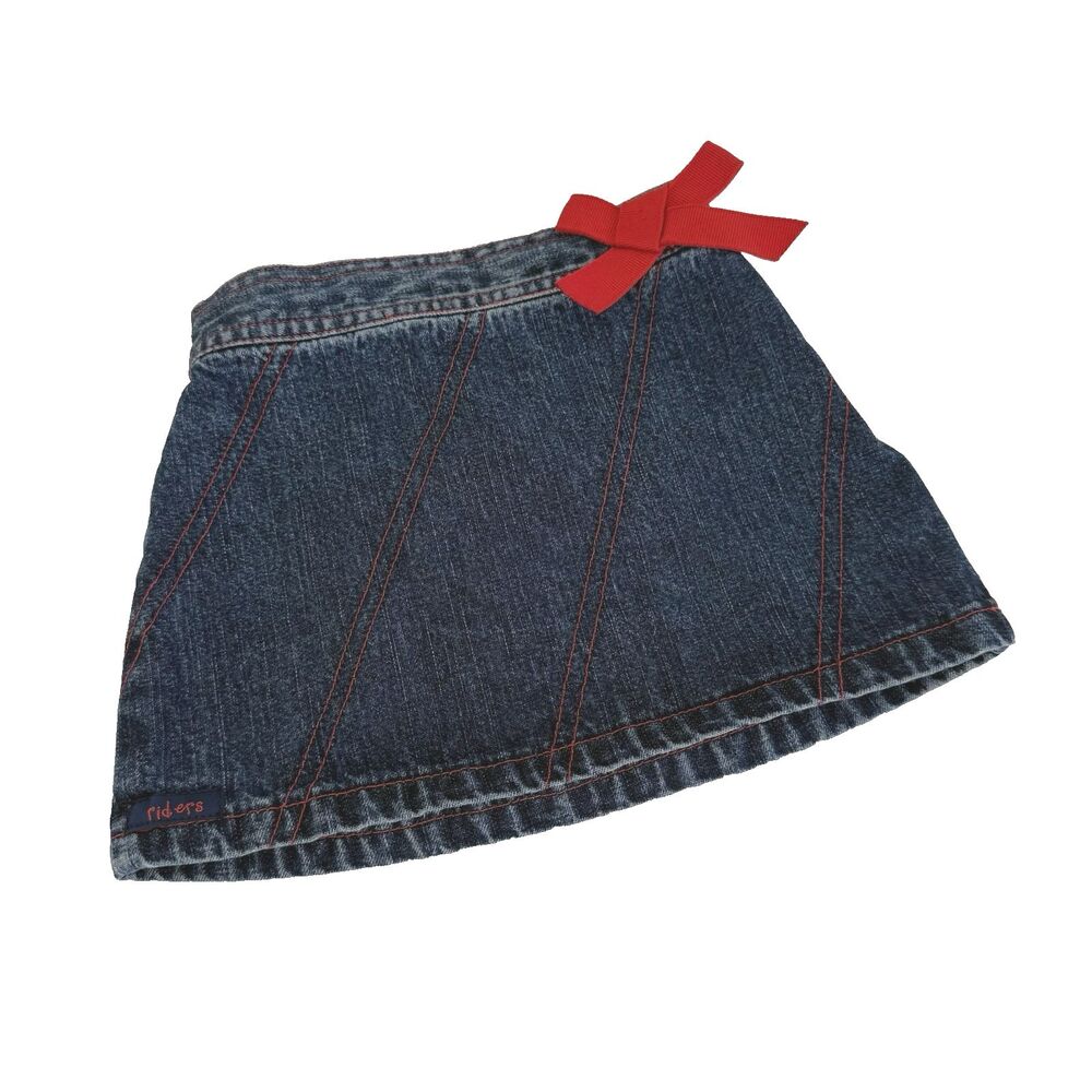 Vtg Riders Jeans Toddler Girls 18M Denim Mini Skirt Red Bow Top Stitch Cotton